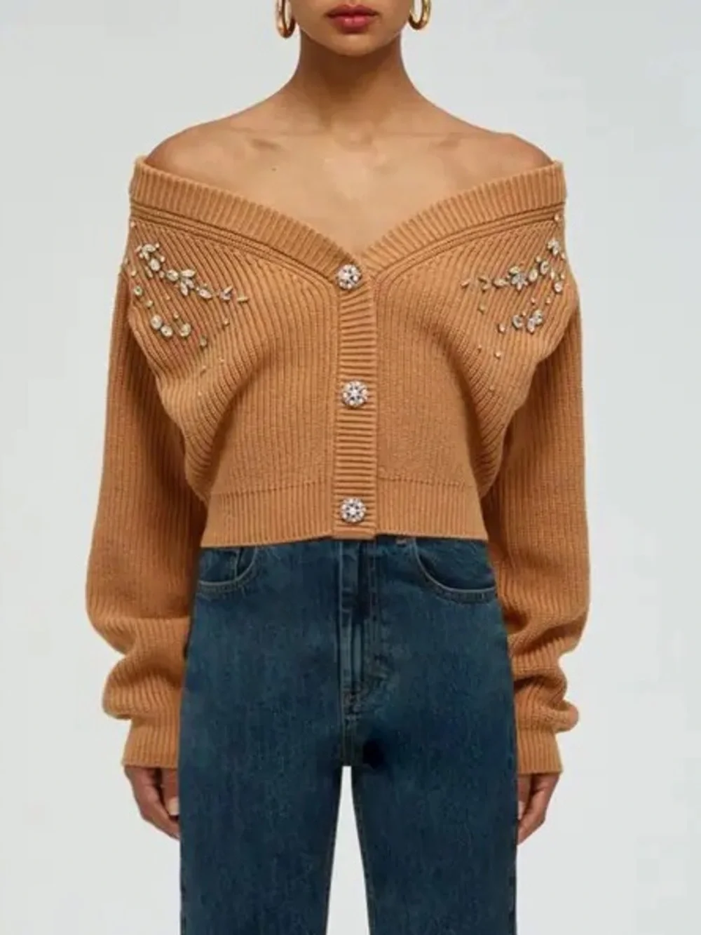 Self-Portrait Camel Off-Shoulder Jeweled Crop Sweater